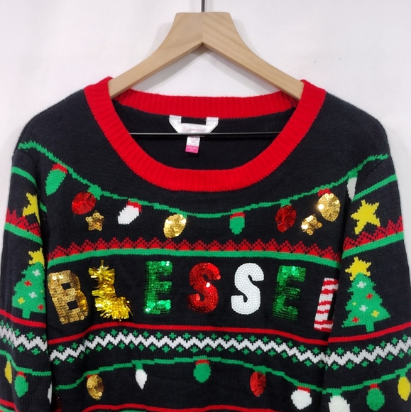 NWT No Boundaries Sequin Blessed Ugly Christmas Sweater Womens 3X Multicolor - Picture 3 of 10